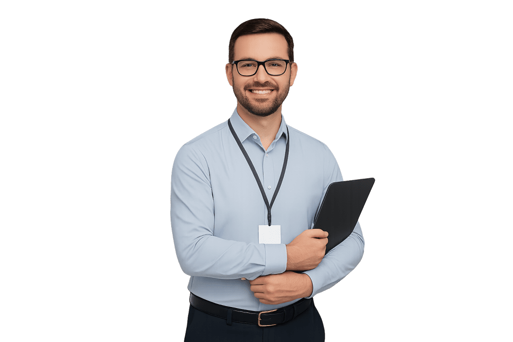 Técnico da DataRoad com cartão de colaborador e tablet