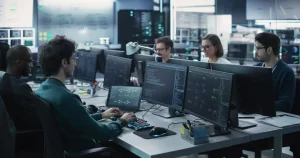 Ein Team von Ingenieuren programmiert an Schreibtischen mit mehreren Monitoren in einem Serverraum bei gedimmter blauer Beleuchtung im Hintergrund.