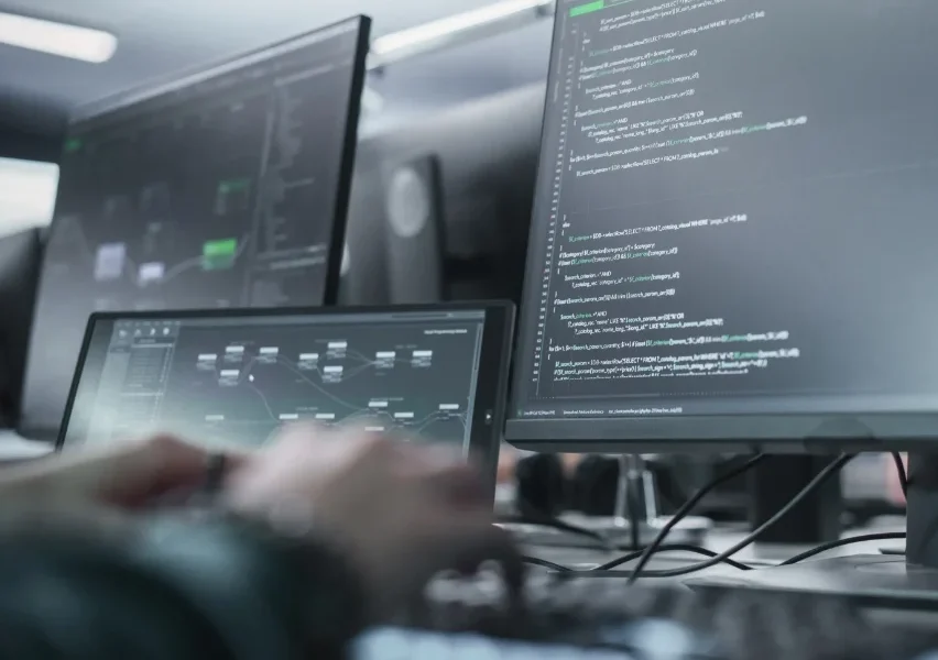 Software developers coding at desks with multiple monitors displaying code and dashboards.