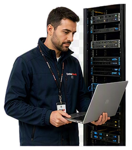 IT technician stands beside a server rack, using a laptop to inspect equipment.