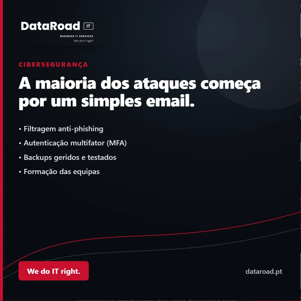 Dark cybersecurity banner featuring the DataRoad IT logo, a Portuguese headline about attacks starting with an email, and bullet points: anti-phishing filtering, MFA authentication, managed/tested backups, and staff training.