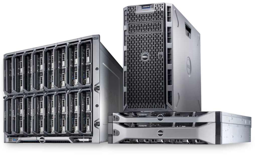 Dell PowerEdge server hardware ensemble featuring blade chassis with multiple hot-swap blades and a rack-mounted storage unit, showcased on a black background.