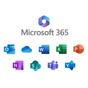 Microsoft 365 logo centered above a row of colorful app icons (Outlook, OneDrive, Word, Excel, PowerPoint) indicating the suite of Microsoft 365 apps.