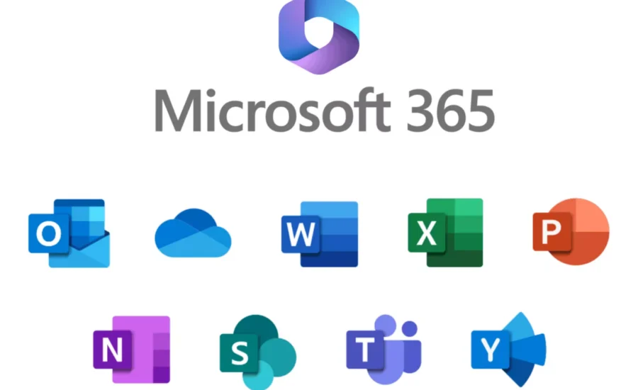 Microsoft 365 logo centered above a row of colorful app icons (Outlook, OneDrive, Word, Excel, PowerPoint) indicating the suite of Microsoft 365 apps.