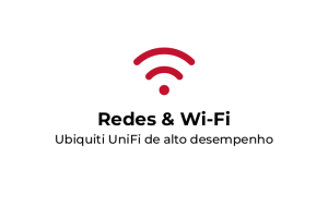 Wi‑Fi networks banner with a red wireless symbol and the text 'Redes & Wi‑Fi' and subtitle 'Ubiquiti UniFi de alto desempenho'