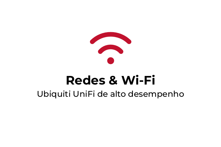 Wi‑Fi networks banner with a red wireless symbol and the text 'Redes & Wi‑Fi' and subtitle 'Ubiquiti UniFi de alto desempenho'