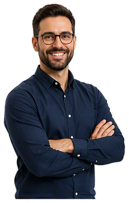 Smiling man with glasses in a navy button-down shirt, arms crossed.