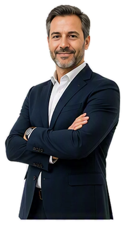 Confident middle-aged man in a navy suit with white shirt, arms crossed, smiling (professional portrait).