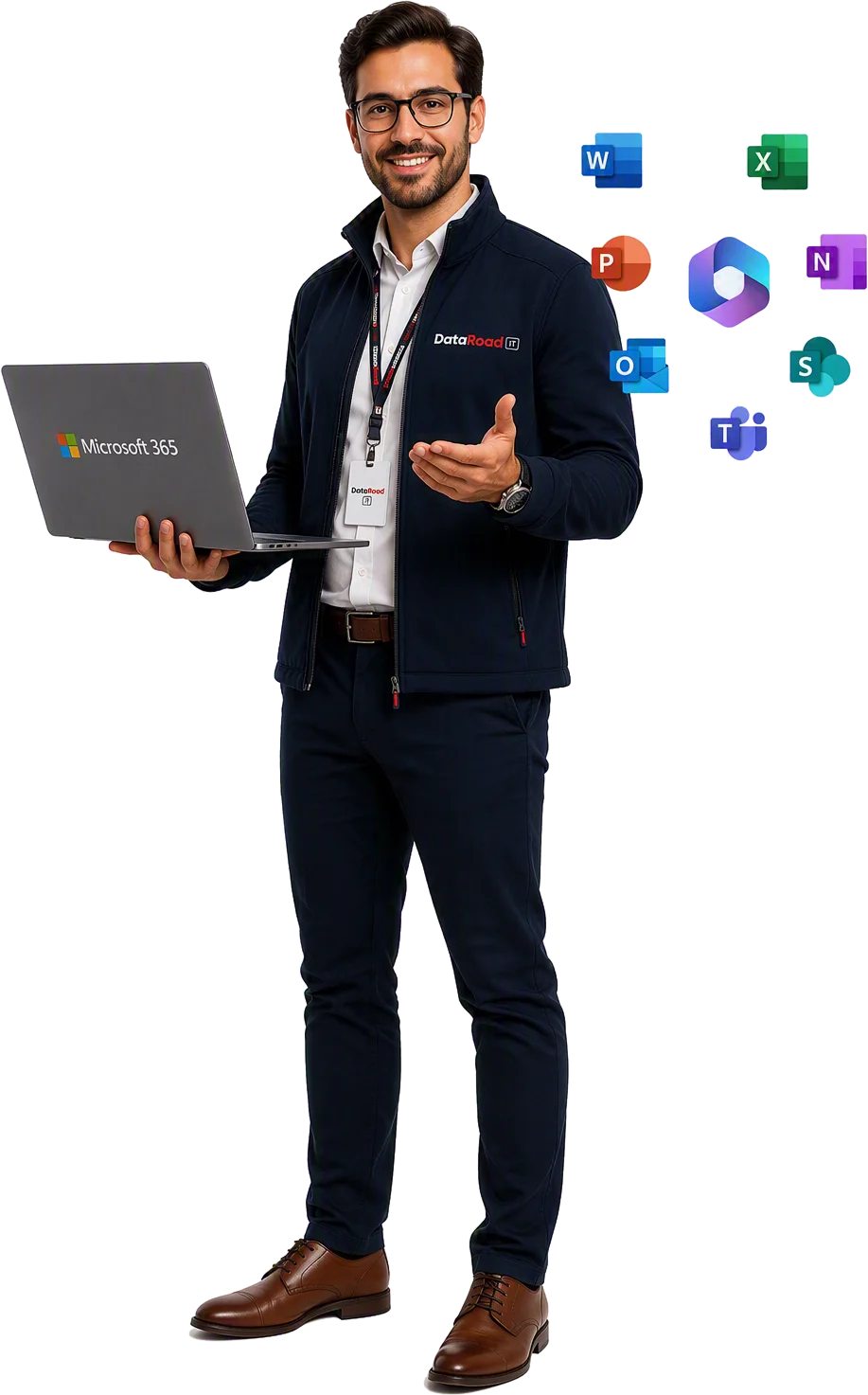 Man in a DataRoad jacket holds a laptop labeled Microsoft 365 with colorful Office app icons orbiting a blue hub beside him.