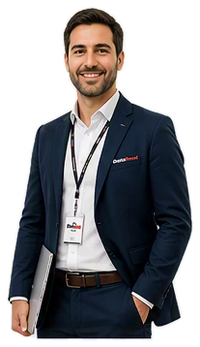 Smiling man in a navy suit with a lanyard and name badge, holding a laptop under his arm.