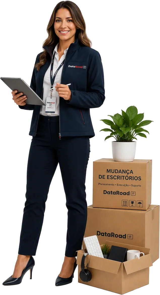 Woman in DataRoad uniform holds a tablet and pen during an office move, with labeled moving boxes and a plant nearby.