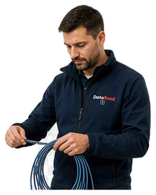 Technician in a navy jacket coiling blue network cables