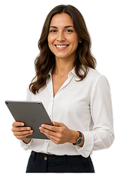 Smiling woman in a white blouse holding a tablet computer, looking at the camera.