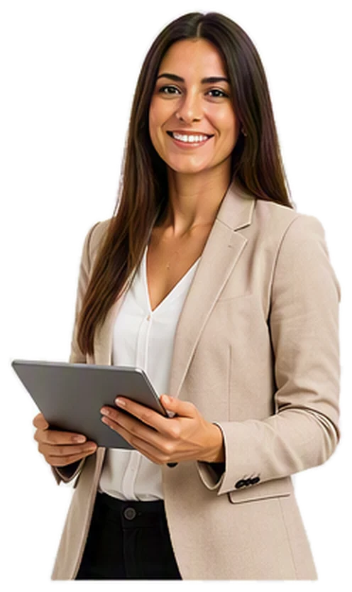 Businesswoman in a beige blazer holding a tablet and smiling.